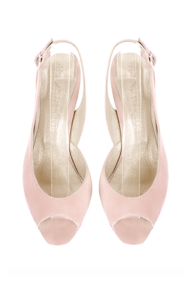 Women's powder pink open-toe dress pumps with back strap. Square toe. Medium comma heels - Top view